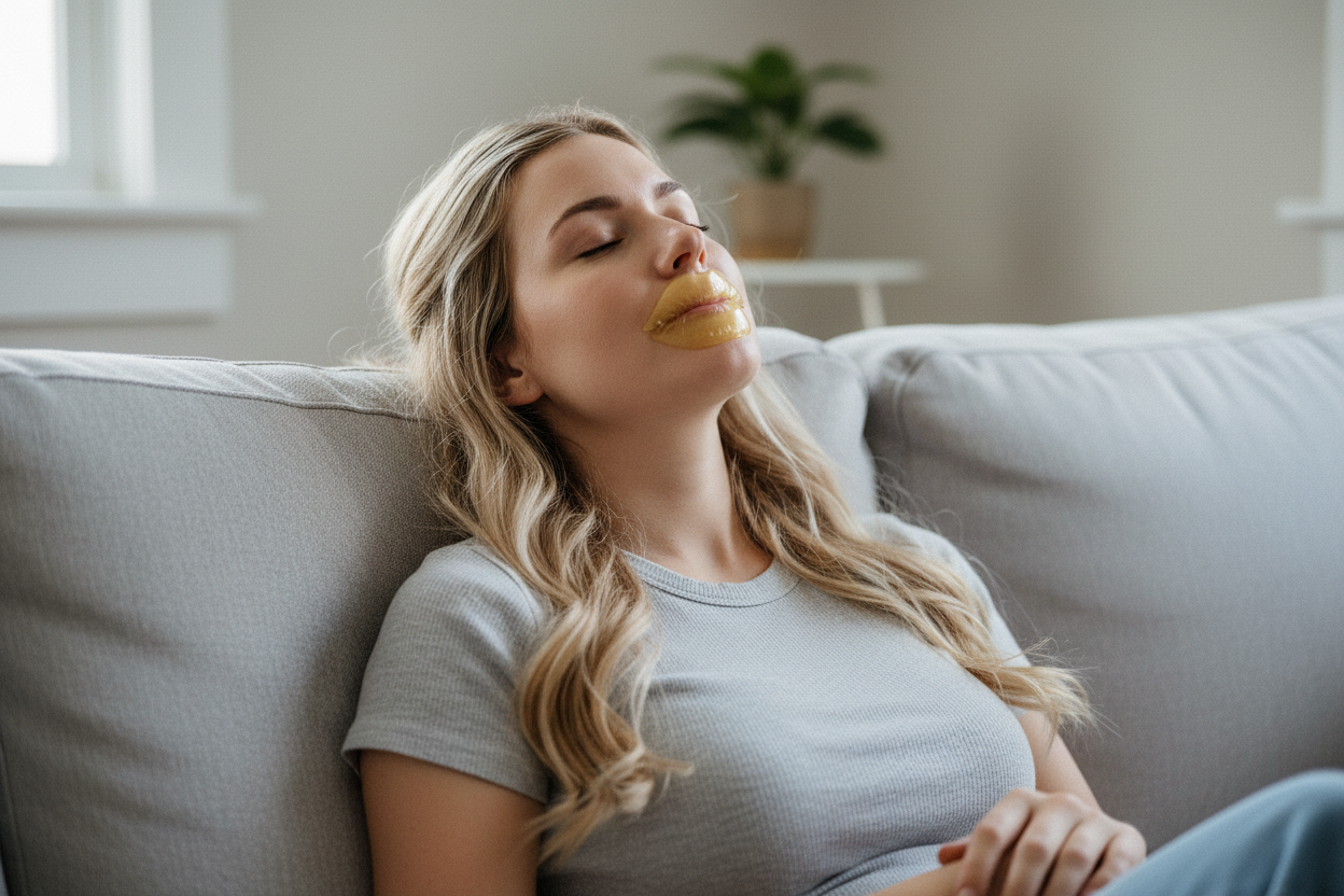 Blonde woman with lip mask