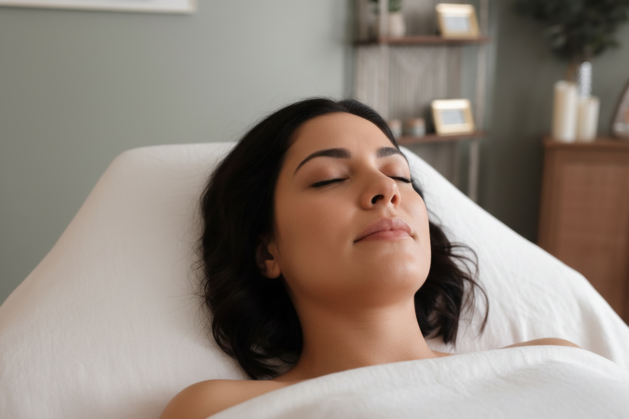 Close-up face on facial bed no pillow