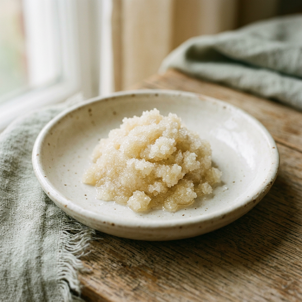 Fine body scrub in a cream ceramic dish