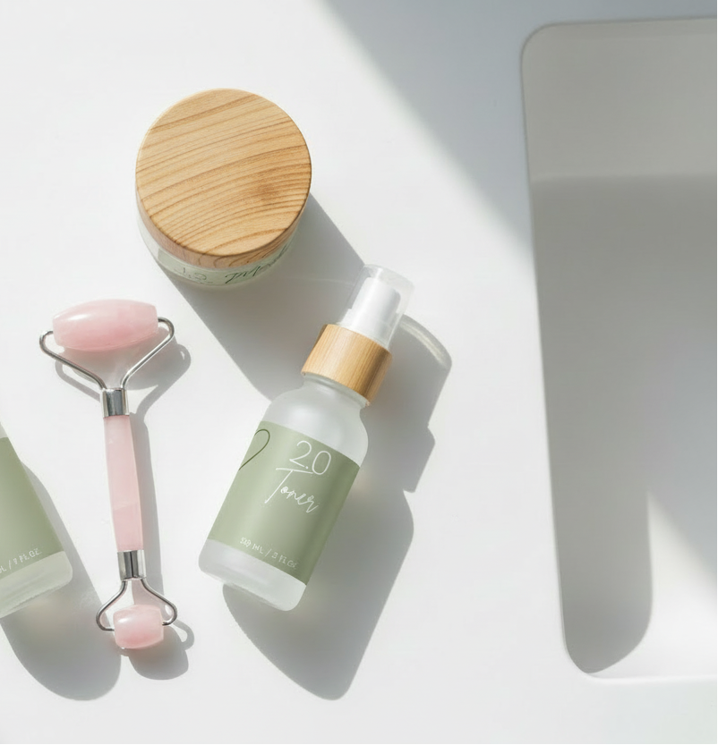Flat lay clean bathroom counter no labels