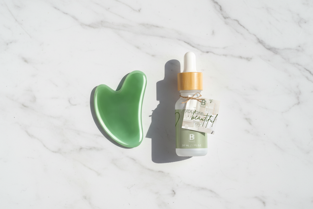 Flat lay gua sha and bottle