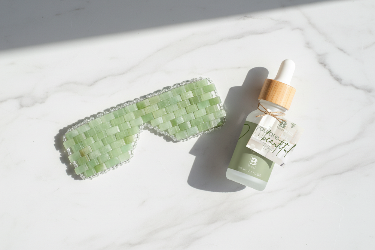 Flat lay jade stone mesh mask and bottle
