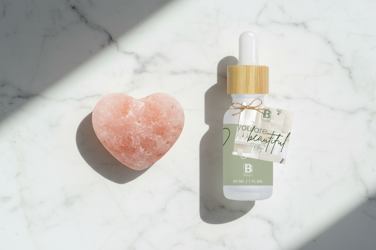 Flat lay salt heart and facial oil