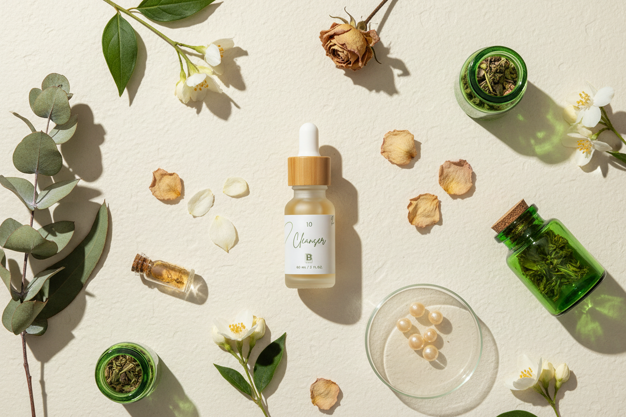 Flat lay with cleanser bottle