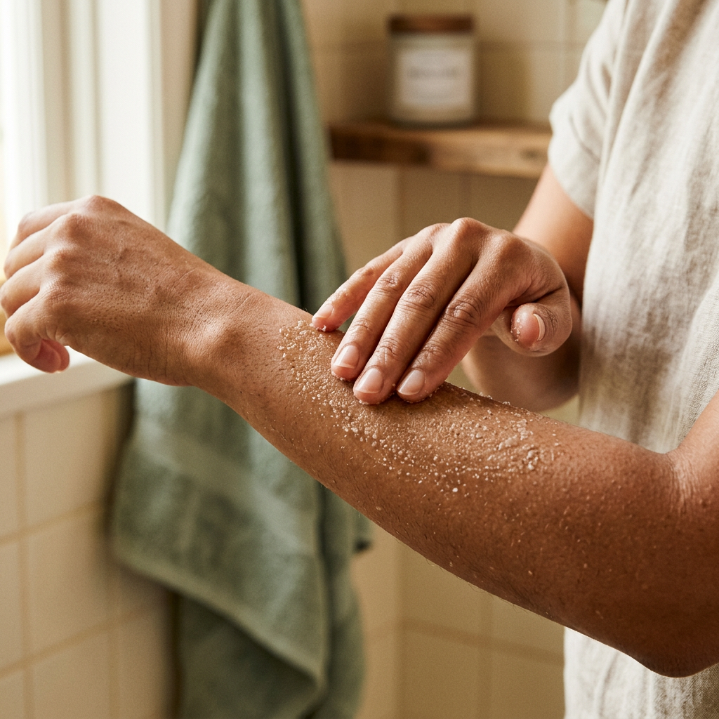 Gentle body scrub application on a forearm