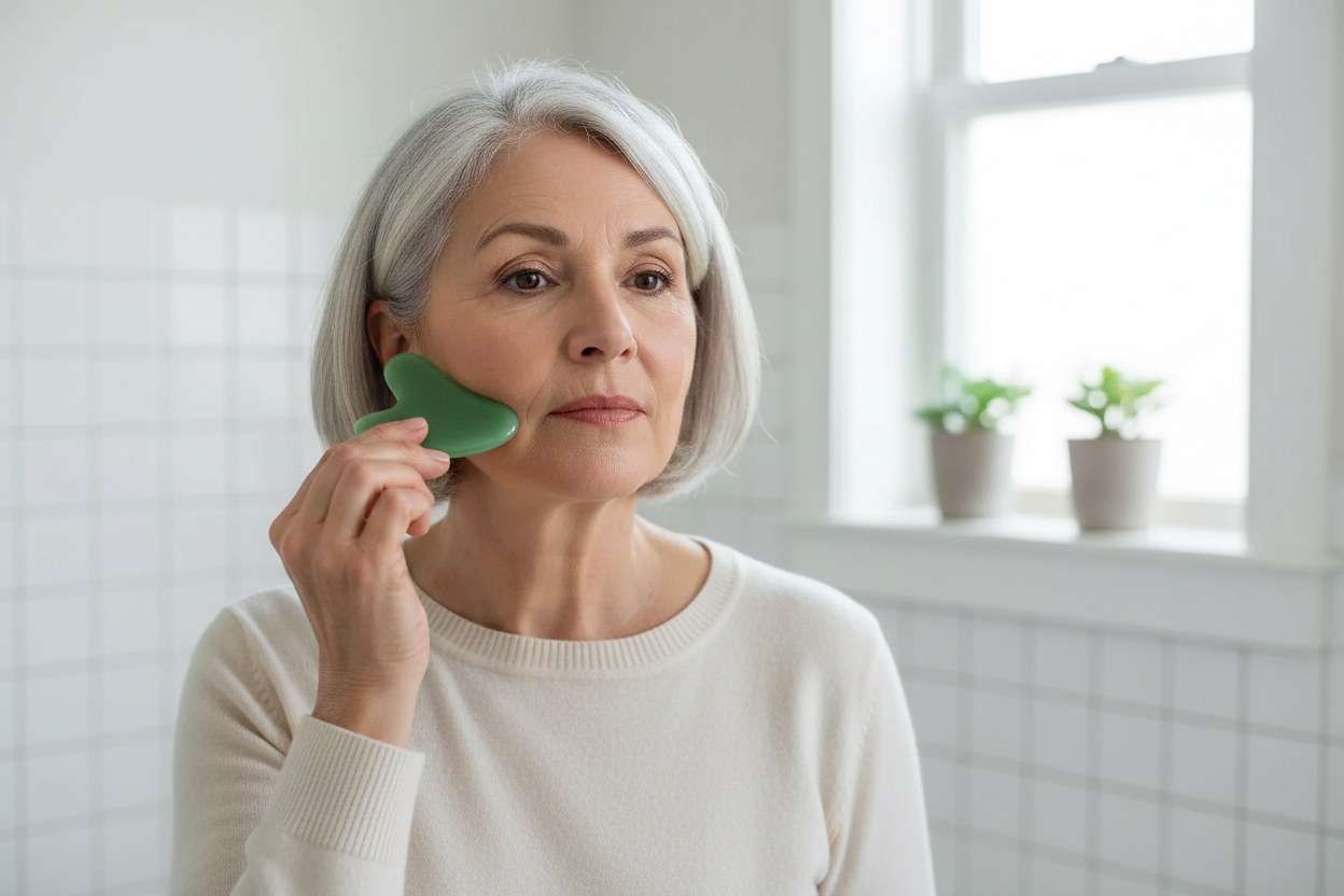 Person using palm-sized jade gua sha