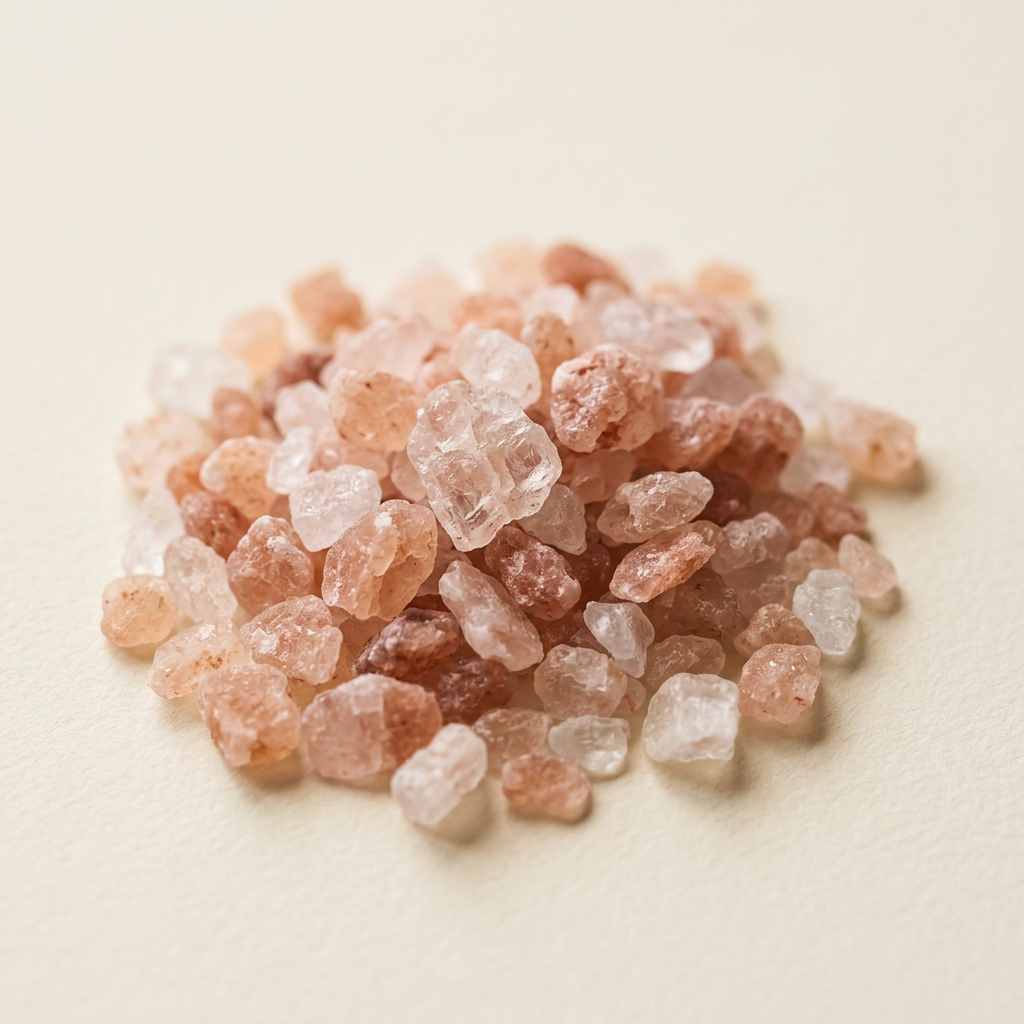 Pink Himalayan salt crystals on a warm cream background