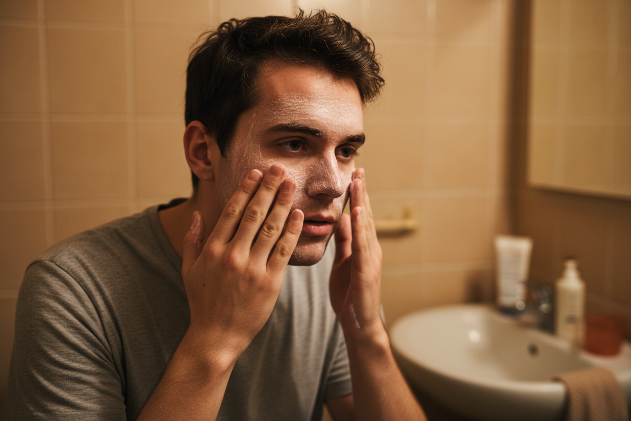 Real guy applying exfoliant
