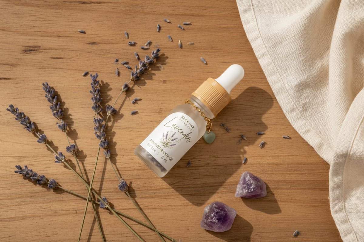Real lavender bottle flat-lay
