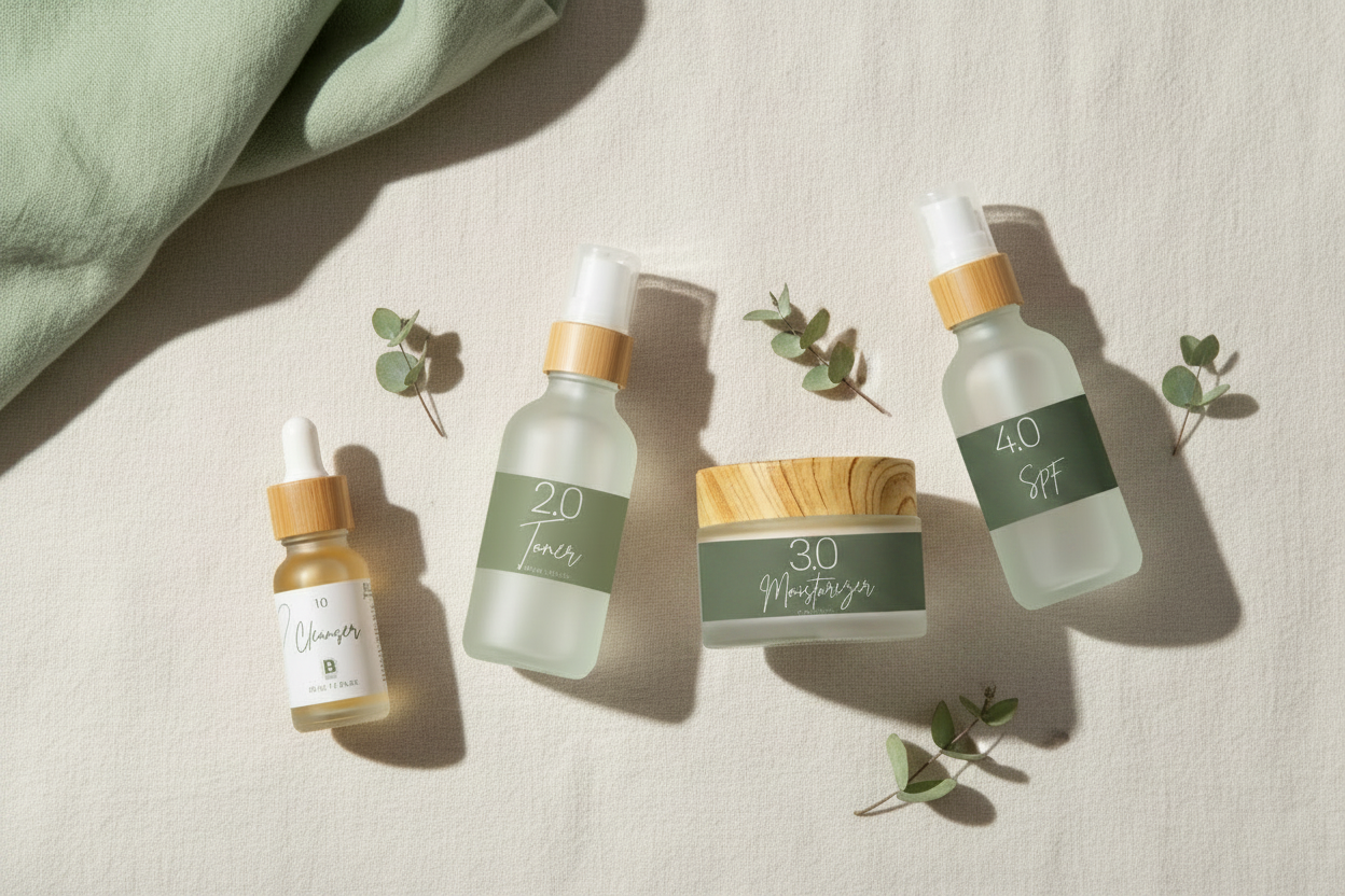 Skincare routine products with progressively darker green labels