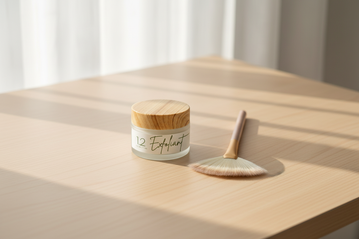 Soft Touch Fan Brush flat lay - correct brush + exfoliant