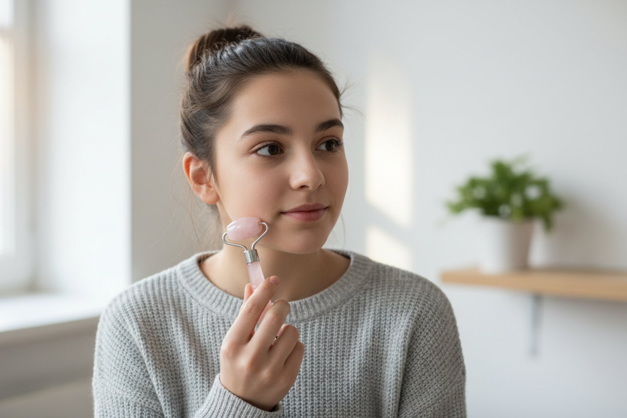 Teenage girl rolling mini roller along jawline