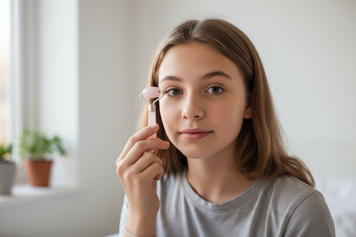 Teenage girl using mini roller under eye - eyes open