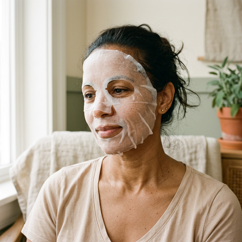 Woman wearing a facial sheet mask in soft natural light